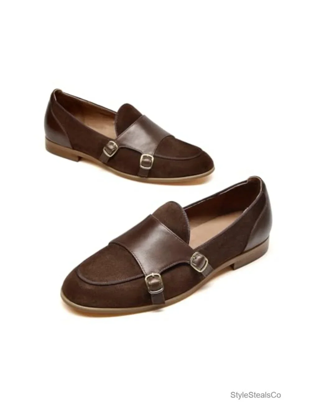 Genuine Leather Monk Strap Loafers Flat Slip-on Comfort Business Casual